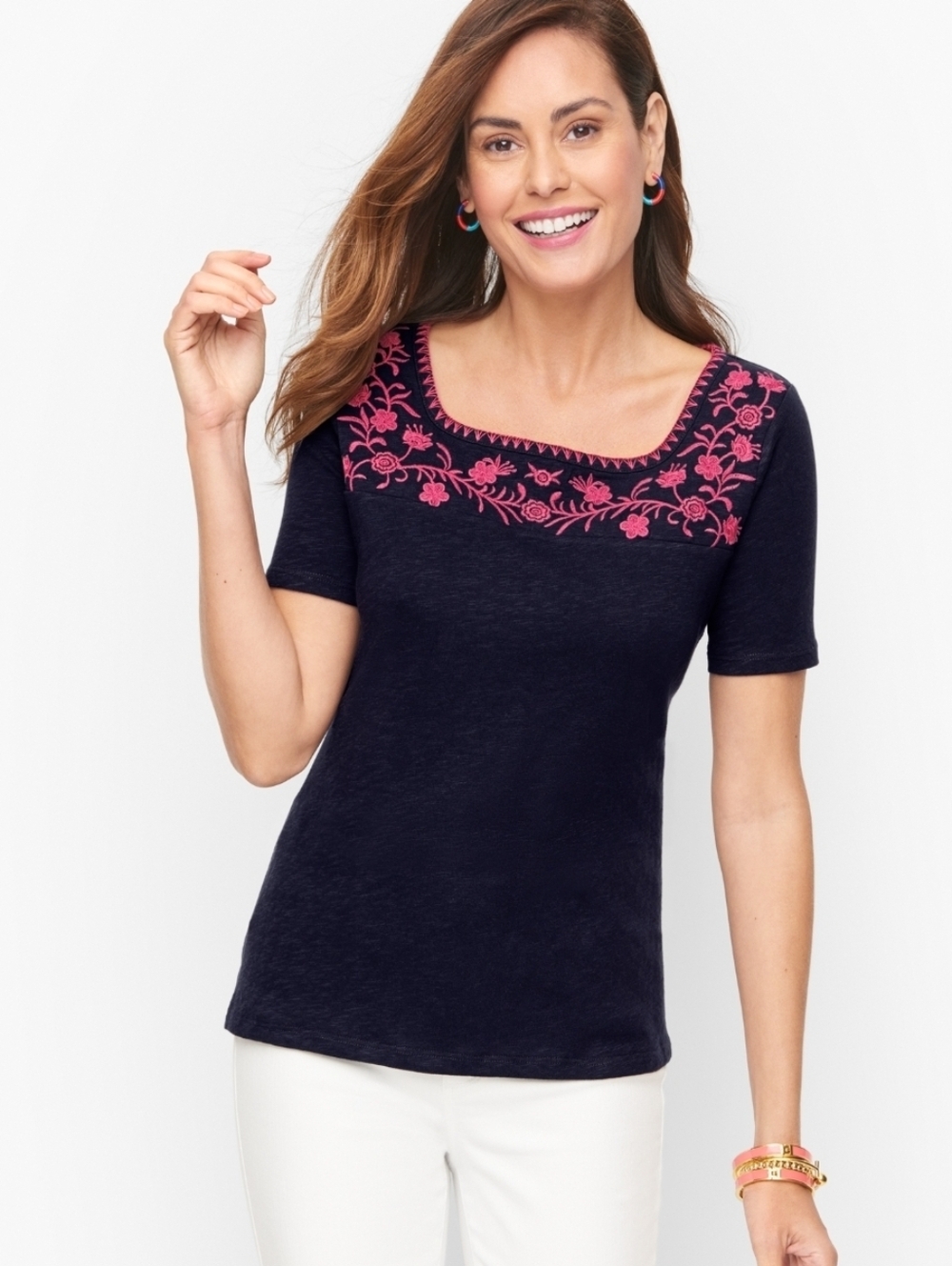 TALBOTS Navy Embroidered Squaree Neck Short-Sleeve Top Pink Floral Sz Large